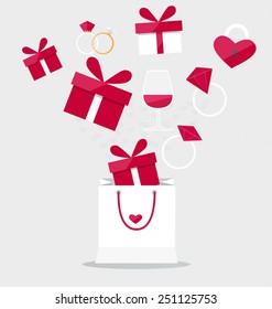 Happy Valentines Day. Valentines Day Gift Bag With Gift Box. Vector Illustration.