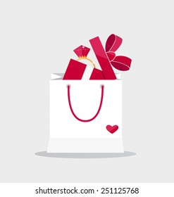 Happy Valentines Day. Valentines Day Gift Bag With Gift Box. Vector Illustration.