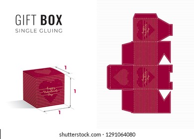 Happy Valentines Day Gift Box Die Cut Cube Template with 3D Preview - Light Blueprint Layout with Cutting and Scoring Lines over Gold Calligraphic Lettering on Red - Vector Packaging Graphic Design