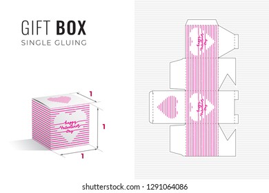 Happy Valentines Day Gift Box Die Cut Cube Template with 3D Preview - Light Blueprint Layout with Cutting and Scoring Lines over Pink Calligraphic Lettering on White - Vector Packaging Graphic Design