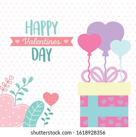happy valentines day, gift box with balloons hearts leaves decoration celebration vector illustration