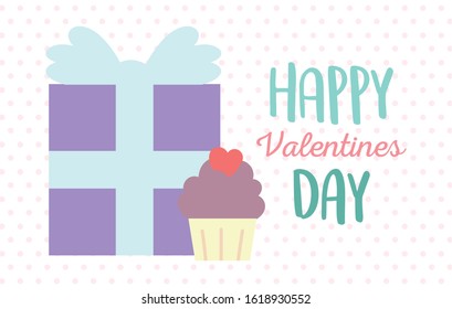 happy valentines day, gift box and sweet cupcake dotted background celebration vector illustration