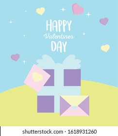 happy valentines day, gift box and envelope message hearts love celebration vector illustration
