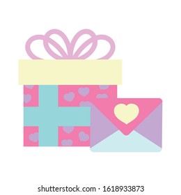 happy valentines day, gift box and envelope message hearts love celebration vector illustration