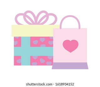 happy valentines day, gift box and shopping bag hearts celebration vector illustration
