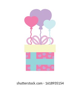 happy valentines day, gift box with balloons hearts decoration celebration vector illustration