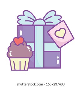 happy valentines day, gift box and sweet cupcake heart love celebration vector illustration