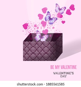 Happy valentine's day. Gift box contain love icon and butterfly with sparkle come outside the box. Holiday gift card. Romantic background, vector illustration. 