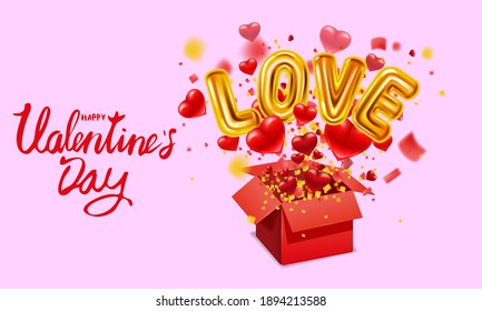 Happy Valentines day gift box open, Love gold helium metallic glossy balloons realistic, present with flying hearts, ballons gold and bright rays of light, burst explosion. Happy Valentines day gift