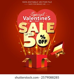 Happy Valentine's Day. Gift box with golden sale promotion logo, ad, 50% off, deal, discount, offer, advertising concept.