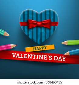 Happy Valentines Day gift box with red bow and ribbon