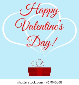 Happy valentines day. Gift box. White hearts like clouds. Love is in the air. Banner for holiday design. Vector illustration
