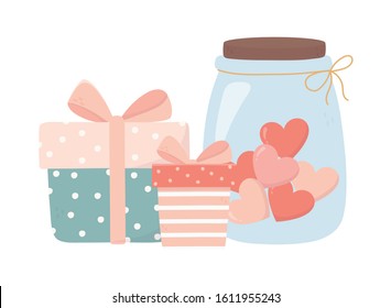 happy valentines day gift boxes and jar glass with hearts love vector illustration