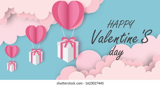 Happy Valentine's Day Gift boxes with heart balloon floating in cloud .banner,wallpaper, Poster, ,paper cut style. Vector illustration.