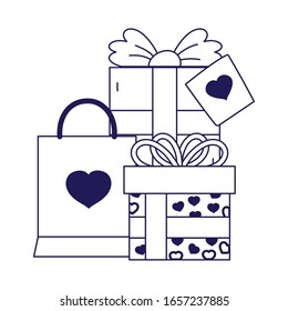 happy valentines day, gift boxes and shopping bag love celebration vector illustration line style