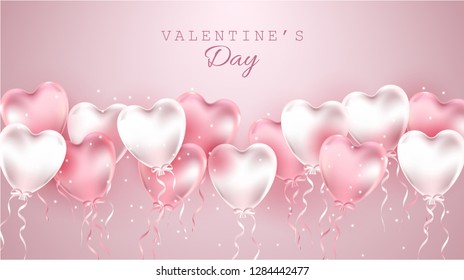 Happy Valentine's day gift card illustration. realistic pink balloons on pink background.