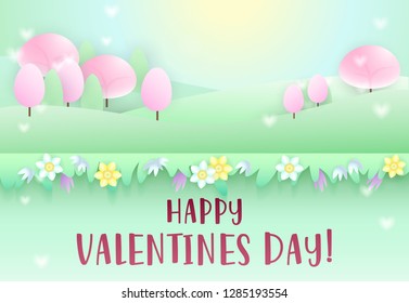 Happy Valentines Day gift card. Inscription, romantic landscape, pink trees. romantic, hearts. Saint Valentines Day concept. Vector illustration can be used for topics like gift card, love, romantic