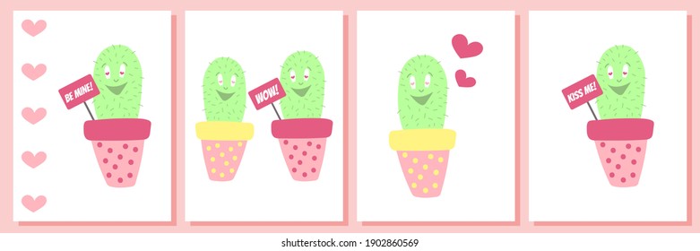 Happy Valentine`s day gift card design. Design for flower business. Cactus character in love in a pink pot. Eyes of the heart. Funny cute set of Valentine`s postcards. Cactus mascot.