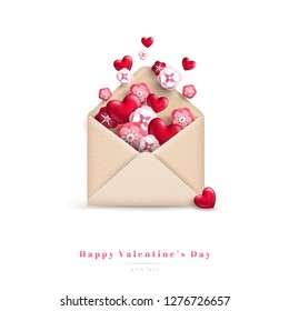 Happy Valentine's Day gift, craft paper envelope with hearts and flowers. Vector illustration. Festive greeting concept.