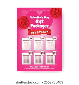 happy valentine's day Gift package sale editable a4 print flyer or poster template,  valentines day Gift price list, valentines day invitation, 3d heart and valentines illustration background design