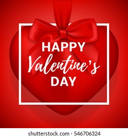 Happy Valentine's Day gift red card. Realistic heart with bow on tape isolated on red background. Vector illustration.