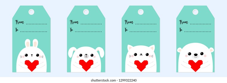 Happy Valentines Day gift tag set. Bear cat kitten rabbit hare dog puppy head face holding red origami paper heart. Cute cartoon kawaii funny baby character. Flat design Love Blue background Vector
