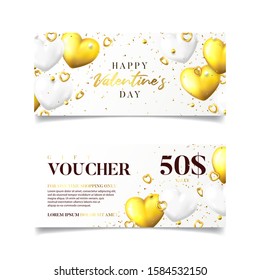 Happy Valentine's Day gift vouchers. Vector illustration with realistic golden hearts and confetti on white background. Horizontal promo banners. Discount coupon usable for invitation or ticket.