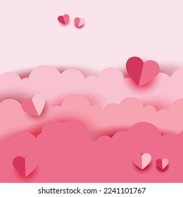 Happy Valentine's day giftcard, beautiful paper cut clouds with 3d red hearts on pink background. Vector illustration. Papercut style. Place for text