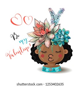 Happy Valentine's day.  Girl with flowers succulents. Watercolor. Vector