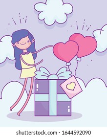 happy valentines day, girl with gift box and balloons shaped hearts love vector illustration