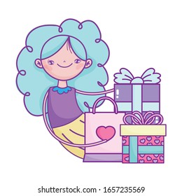 happy valentines day, girl with gifts and shopping bag celebration vector illustration