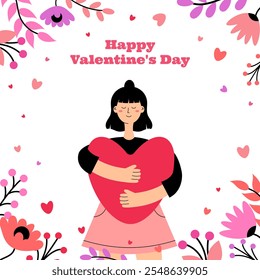 Happy Valentine's Day. Girl, woman hugging heart. Greeting card, poster, banner. Vector illustration