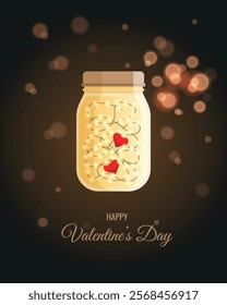 Happy Valentine's Day. A glass jar with red hearts, decorated with small delicate lights, light bulbs and a garland on a dark background. The love concept