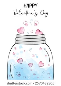 Happy Valentine's Day - Glass jar with cute hearts in watercolor style