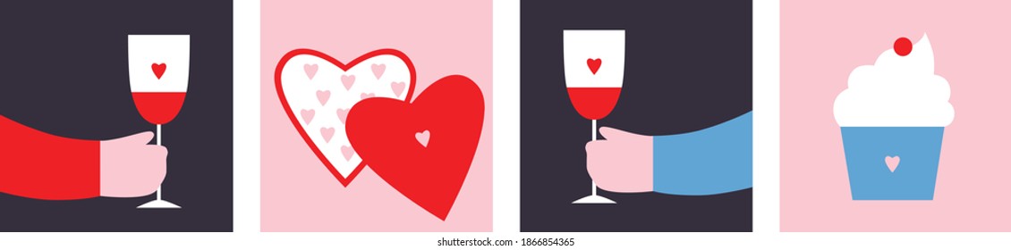 Happy Valentine's Day. Glass Of Wine, Heart, Cake, Candy Icons. Cartoon Flat Geometric Style. Happy Valentines Day Simple Illustration. Spring Concept Vector Illustration. Isolated. EPS 10