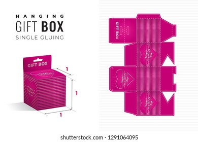 Happy Valentines Day Glossy Hanging Gift Box Die Cut Cube Template with 3D Preview - Blueprint Layout with Cutting and Scoring Lines over Silver Calligraphic Lettering on Pink - Vector Packing Design