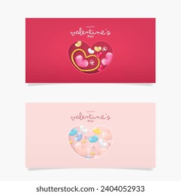 Happy valentine's day with glossy heart, golden frame, Gift voucher coupon isolated. 3d vector rendering.