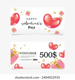 Happy valentine's day with glossy heart, golden frame, Gift voucher coupon isolated. 3d vector rendering.