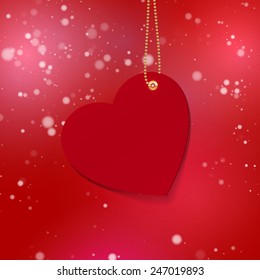Happy Valentines day glowing background with paper heart on gold chain. Design Template for: greeting card, invitation, poster or banner. Vector illustration. EPS10 
