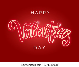 Happy Valentine's day glowing script lettering inscription, vector neon sign isolated on red background. Valentine's day red neon sign for greeting card, poster.