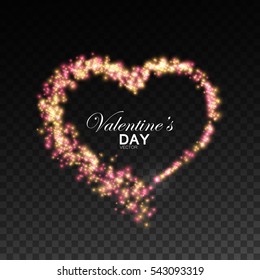 Happy Valentines Day. Glowing stream of sparkling particles. Holiday vector illustration of shiny heart path isolated on checkered transparent background. Valentines day decoration element for design