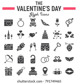 Happy Valentines Day glyph icon set, holiday symbols collection, vector sketches, logo illustrations, wedding signs solid pictograms package isolated on white background, eps 10.