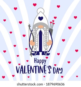 Happy Valentine's day Gnome Cupid with bow and arrow. Scandinavian Nordic Gnome, Valentine's cute gnomes collection. Dwarf holding bow with love. Greeting card, banner, print, t shirt design.