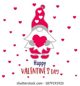 Happy Valentine's day Gnome with heart on red hearts background. Scandinavian Nordic Gnome, Valentine's cute gnomes collection. Dwarf holding heart with love. Greeting card, banner, t shirt print.