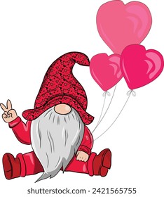 Happy Valentine's Day Gnome holding balloon with peace hand. Vector illustration