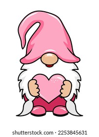 Happy Valentine's Day gnome with  pink heart. Nordic magic dwarf. Cute holidays Elf with hat. Vector illustration for love day