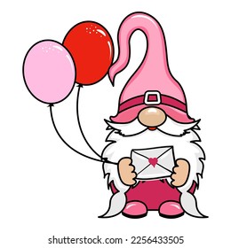 Fröhliche Valentinstag-Gnome mit rosafarbenen Ballons und Liebesbrief. Zwerg der nordischen Magie. Kuschelferien Elf mit Hut. Vektorgrafik für den Liebestag