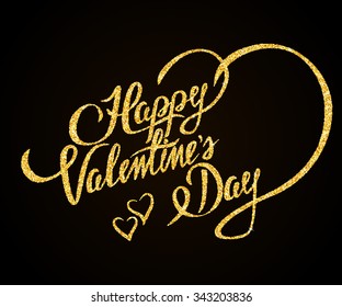 Happy Valentines Day gold glitter hand lettering on black background greeting card