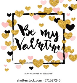 Happy valentines day - gold glittering textured hearts hand drawn lettering design card with confetti pattern on diagonal striped background