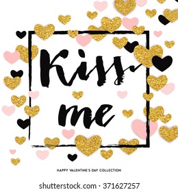 Happy valentines day - gold glittering textured hearts hand drawn lettering design card with confetti pattern on diagonal striped background